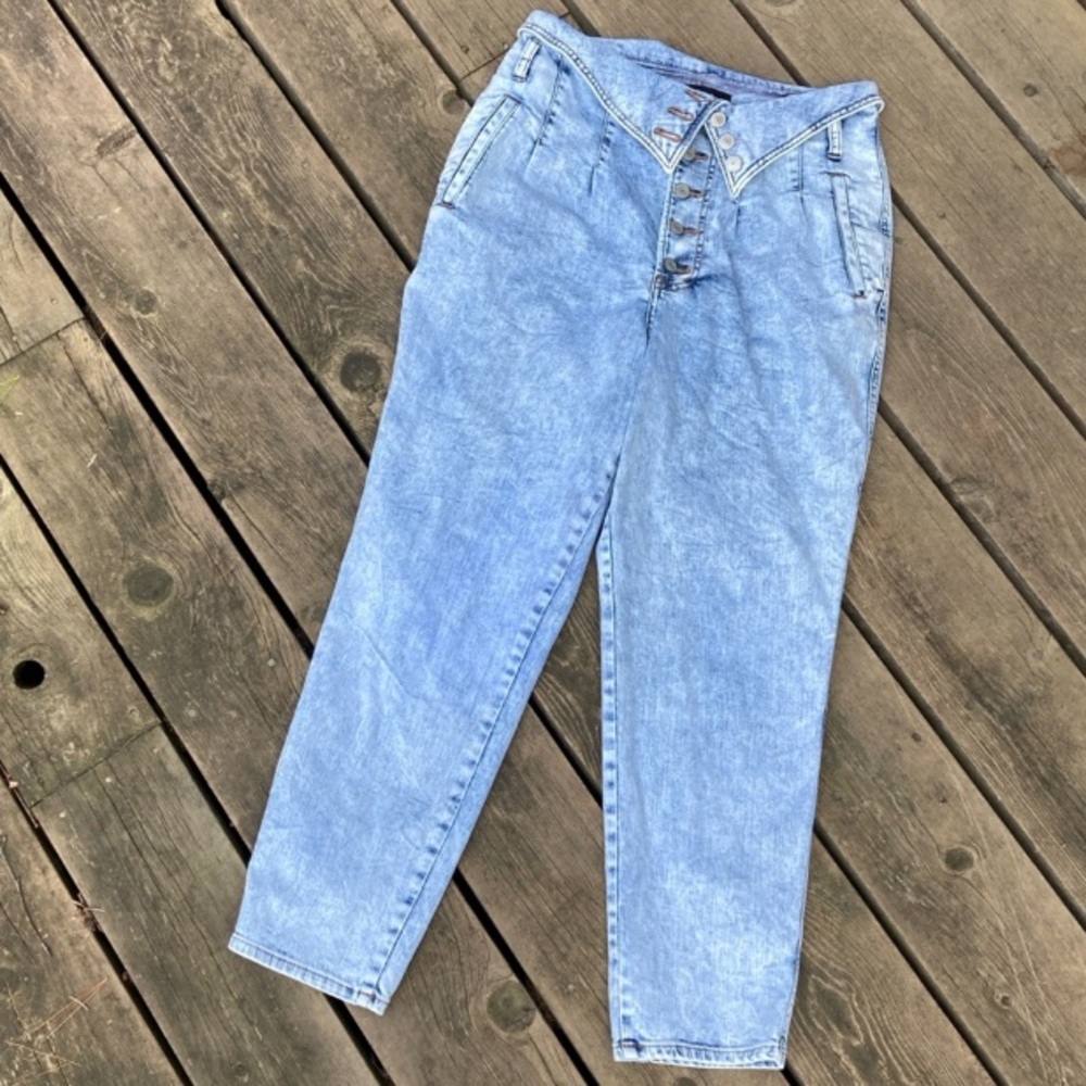 VINTAGE Jeans EXPRESS Boho Retro SUPER HIGH WAIST TAPERED Acid Wash Blue Size 10 - Picture 3 of 11